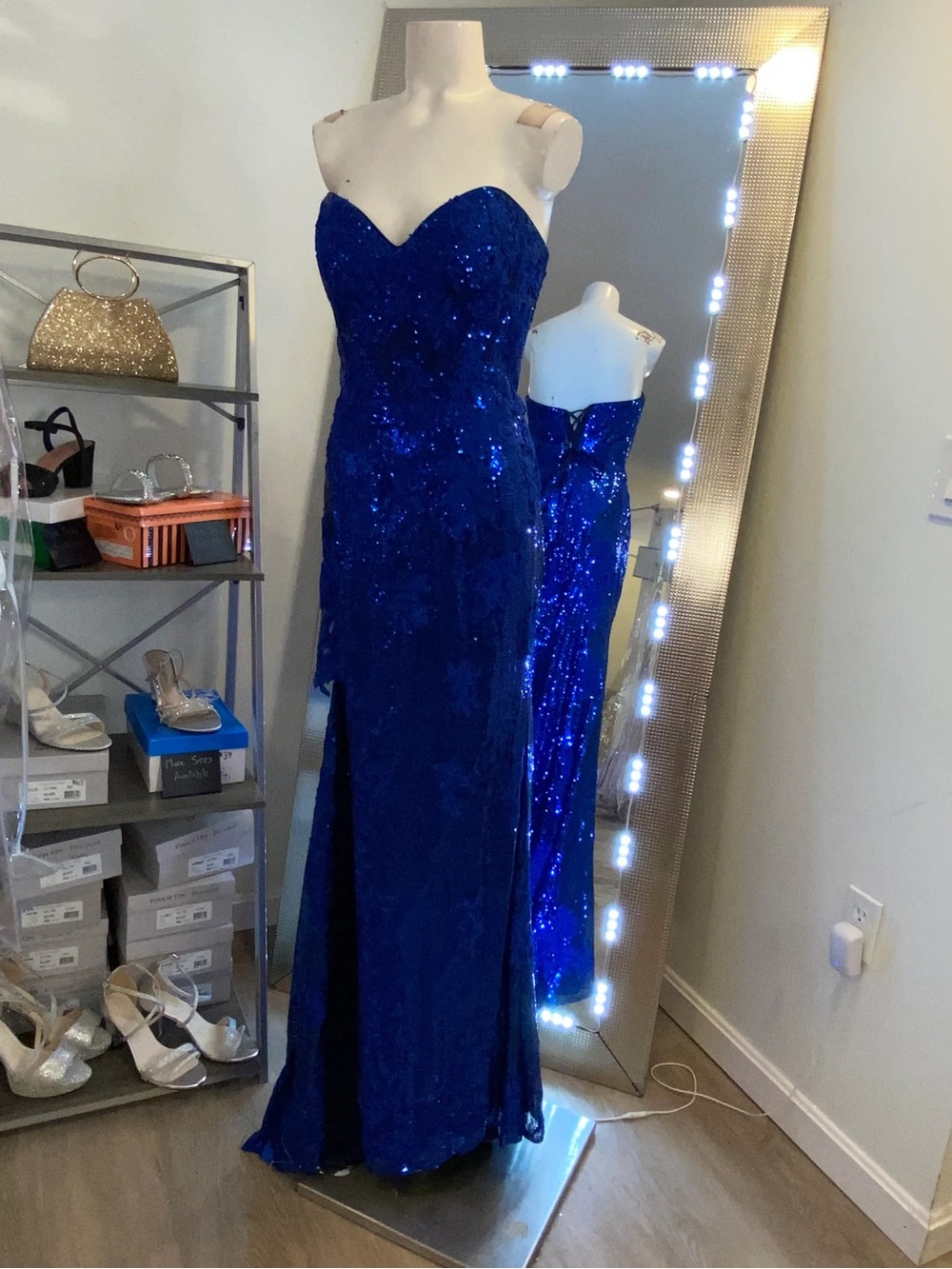 Rachel Allan Royal Blue Sequin Strapless Gown with Slit
